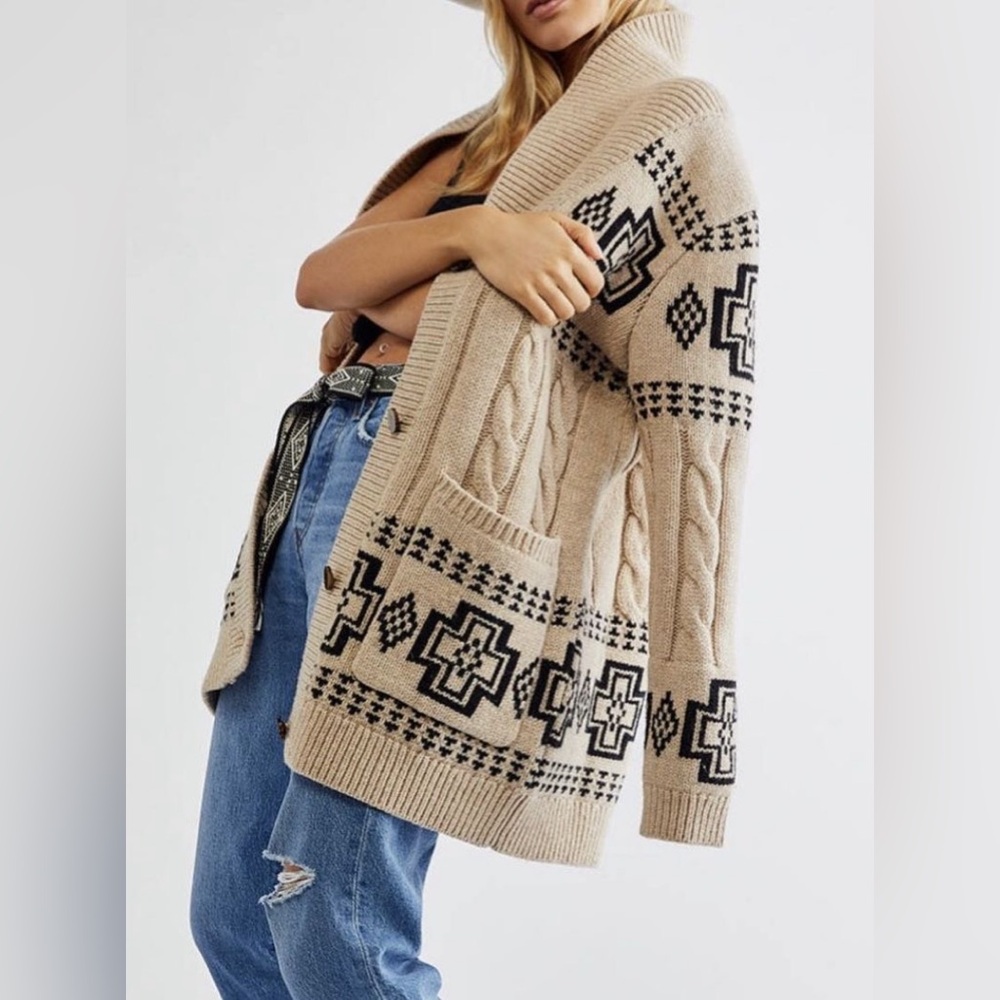 NWT Pendleton Lambswool Cable Cardigan; Ivory/Black Harding